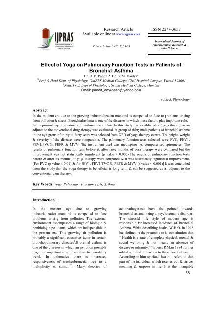 Pulmonary Function Tests in Patients of Bronchial Asthma - Yoga ...