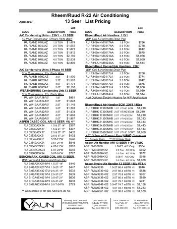 Rheem/Ruud R-22 Air Conditioning 13 Seer List Pricing