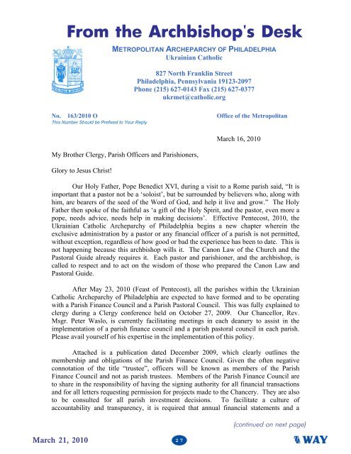 03/21/10 - Ukrainian Catholic Archeparchy of Philadelphia