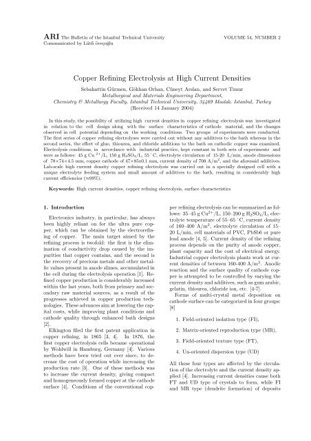 Copper Refining Electrolysis at High Current Densities - ARI