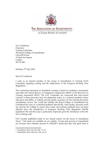 Letter to RCoA Training Committee - aagbi