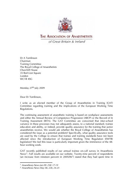 Letter to RCoA Training Committee - aagbi
