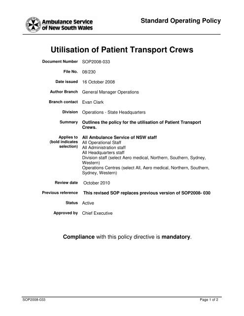 Utilisation of patient transport crews, October 2008 - Ambulance ...