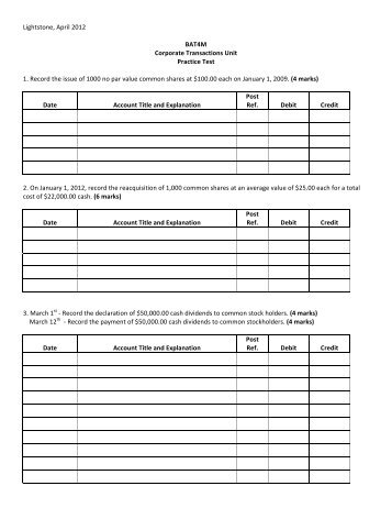 Corporations - Journal Entries Practice Test - New Learner