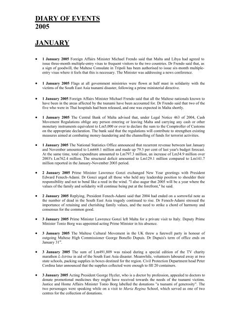 DIARY OF EVENTS 2005 JANUARY - Doi-archived.gov.mt