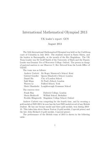 International Mathematical Olympiad 2013 - UK IMO Register