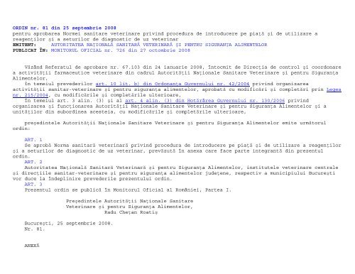 ORDIN nr. 81 din 25 septembrie 2008 pentru aprobarea ... - ansvsa