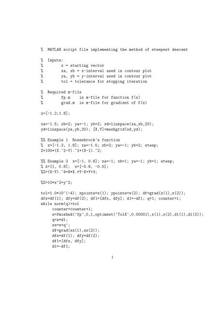 % MATLAB script file implementing the method of steepest descent ...