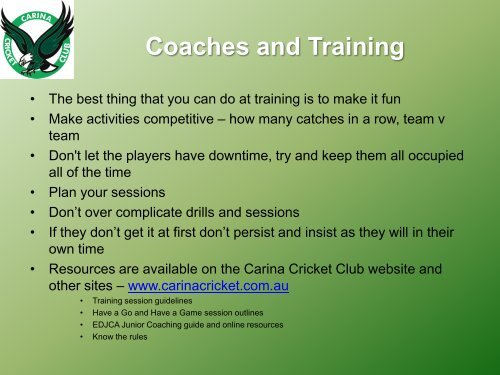 The Carina Cricket Club Coaches and Managers Information ...