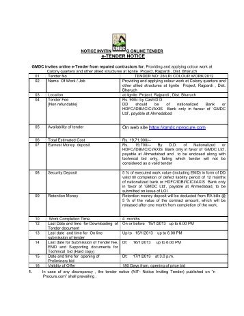 e-TENDER NOTICE On web site https://gmdc.nprocure.com