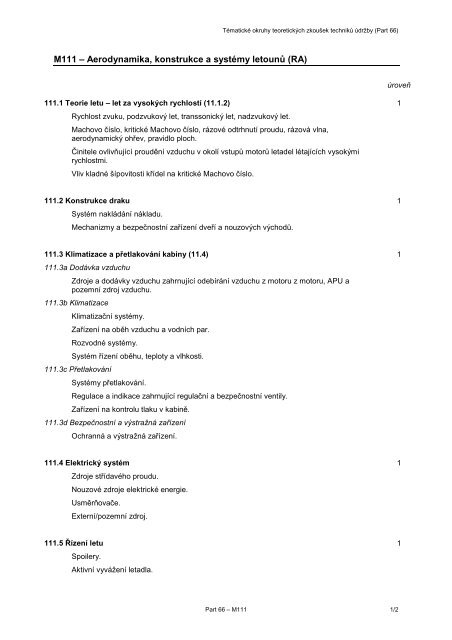 M111 – Aerodynamika, konstrukce a systémy letounů (RA)