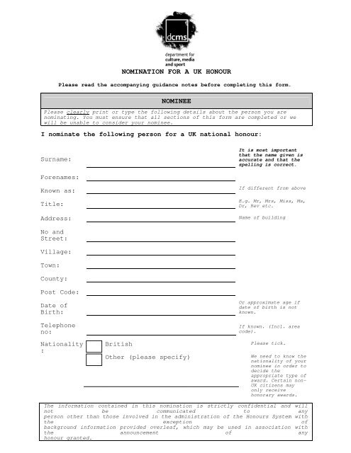 Nomination For A Uk Honour Nominee Nomination For A Uk Honour Nominee