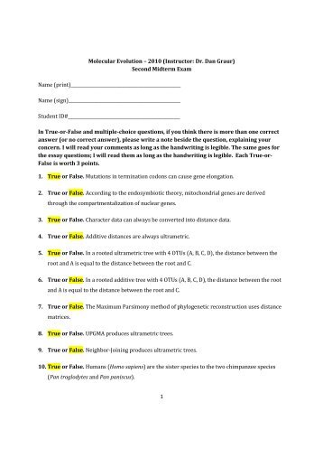 1 Molecular Evolution – 2010 (Instructor: Dr. Dan Graur) Second ...