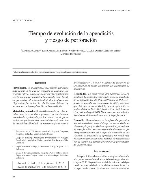 Tiempo de evoluciÃ³n de la apendicitis y riesgo ... - SciELO Colombia