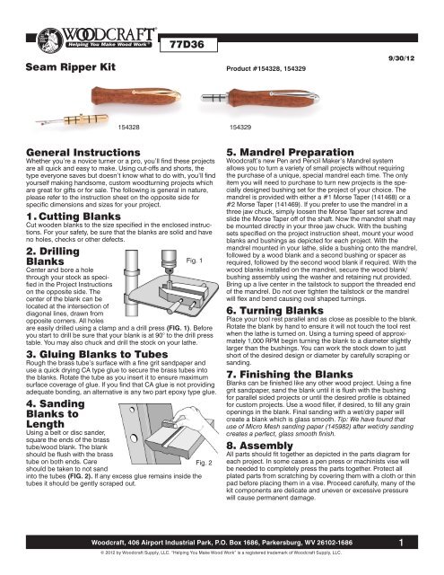 General Instructions 1. Cutting Blanks 2. Drilling Blanks ... - Woodcraft