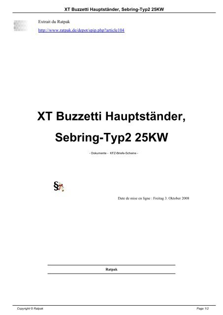 XT Buzzetti Hauptständer, Sebring-Typ2 25KW - Ratpak