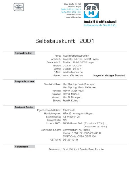 Selbstauskunft 2001 - Rudolf Rafflenbeul Stahlwarenfabrik GmbH ...