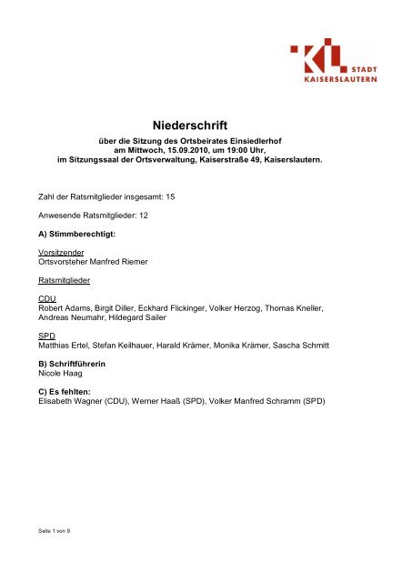 Niederschrift - Stadt Kaiserslautern