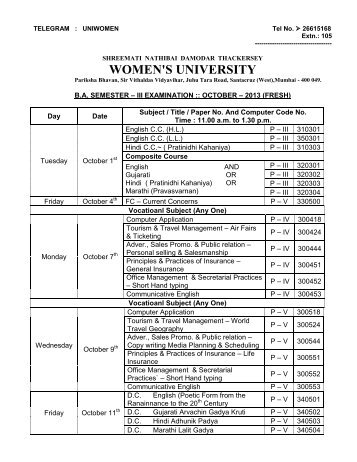 Bachelor of Arts Semester â III (Fresh) - SNDT Women's University