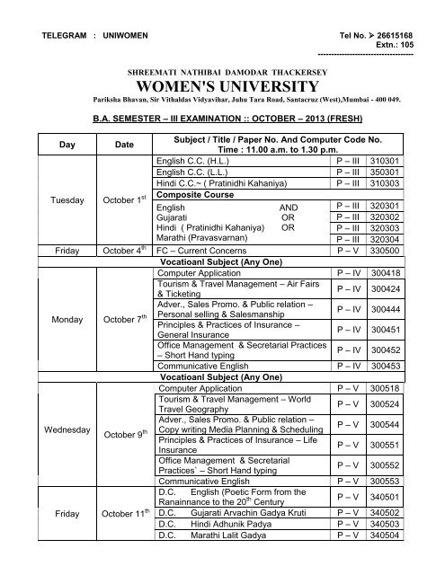 Bachelor of Arts Semester â III (Fresh) - SNDT Women's University