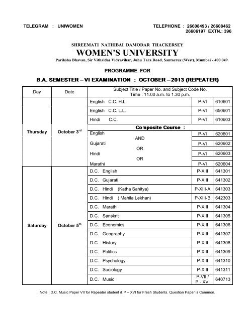 Bachelor of Arts Semester â III (Fresh) - SNDT Women's University