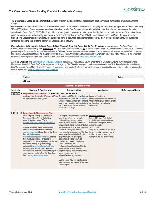 2012 Small Commercial Checklist - StopWaste.Org