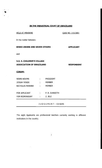 IN THE INDUSTRIAL COURT OF SWAZILAND HELD AT ... - SwaziLII