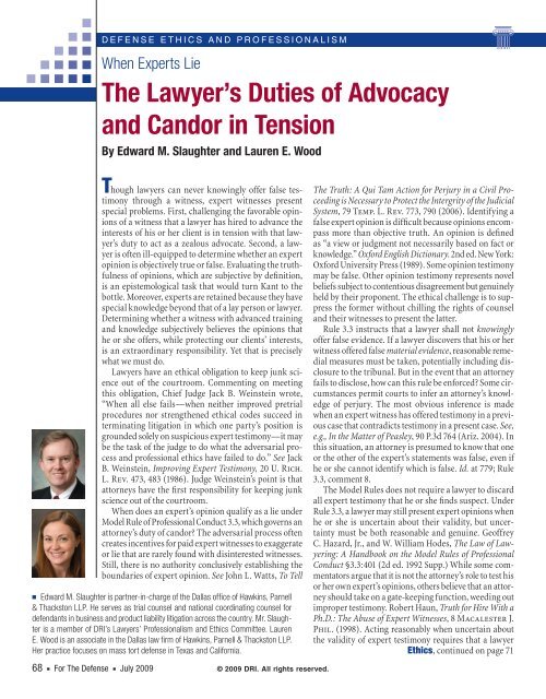 The Lawyer's Duties of Advocacy and Candor in Tension - Hawkins ...