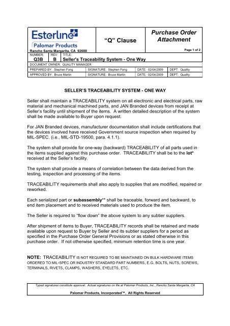 Q3B - Sellers Traceability System - One Way - Esterline