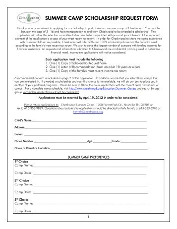 SUMMER CAMP SCHOLARSHIP REQUEST FORM