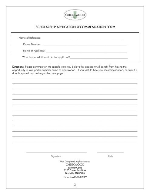 SUMMER CAMP SCHOLARSHIP REQUEST FORM