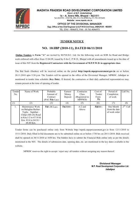 tender notice no - Madhya Pradesh Road Development Corporation ...
