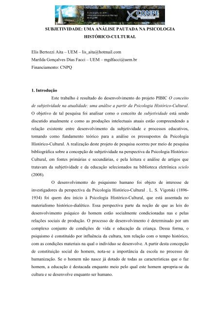 subjetividade: uma anÃ¡lise pautada na psicologia histÃ³rico-cultural