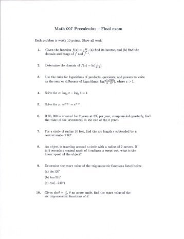 Math 007 Precalculus k Final exam Each problem is worth ... - COAS
