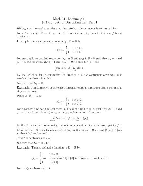 Math 341 Lecture #21 Â§4.1,4.6: Sets of Discontinuities, Part I