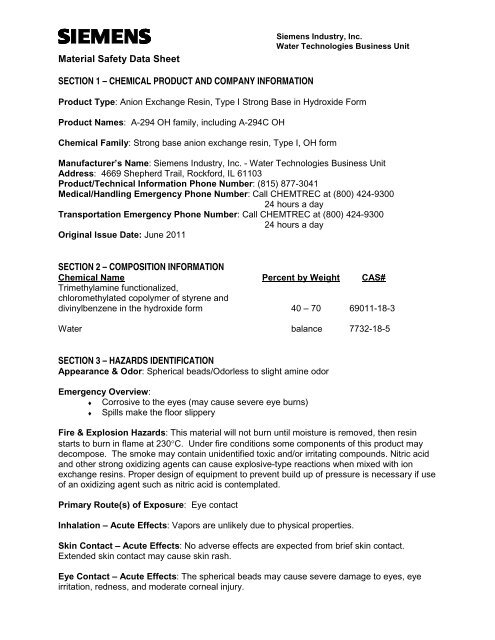 Ion Exchange Resin A-294 OH Family.pdf - Siemens