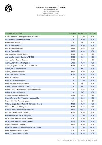 Richmond Film Services - Price List