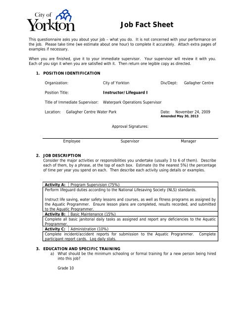 Job Fact Sheet - Instructor/Lifeguard I & II Combined - City of Yorkton