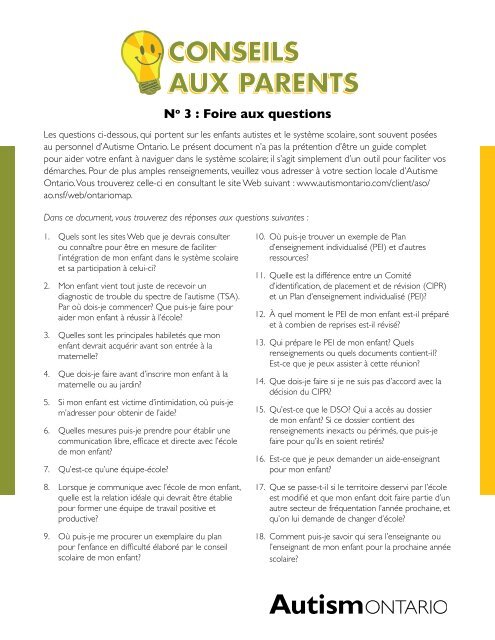 CONSEILS AUX PARENTS CONSEILS AUX ... - Autism Ontario