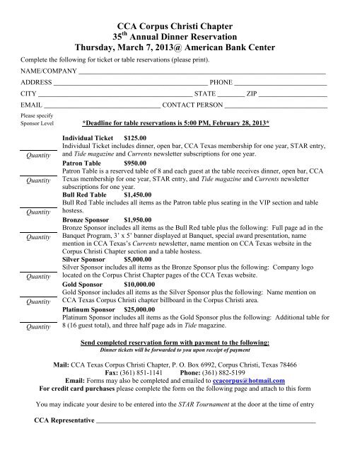 Banquet Table and Reservation Form - CCA Texas