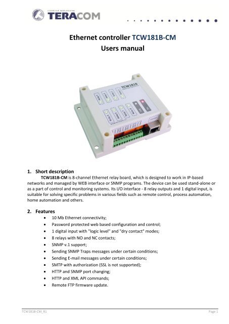 Ethernet controller TCW181B-CM Users manual - Teracom