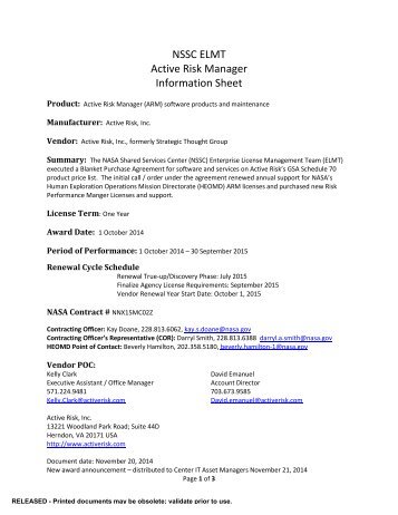 NSSC ELMT Active Risk Manager (ARM) Contract ... - Nasa