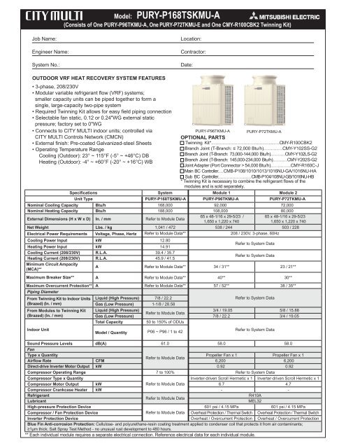 Model: PURY-P168TSKMU-A - Mitsubishi Electric Sales Canada Inc.