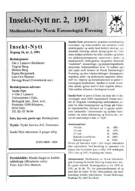 Insekt-Nytt nr. 2, 1991 - Norsk entomologisk forening