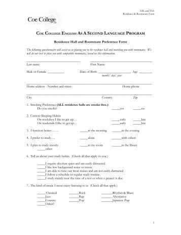 Residence Hall and Roommate Preference Form - Public.coe.edu ...