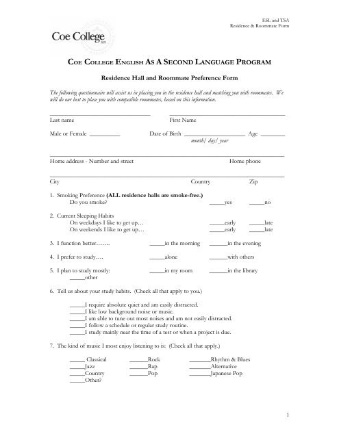 Residence Hall and Roommate Preference Form - Public.coe.edu ...