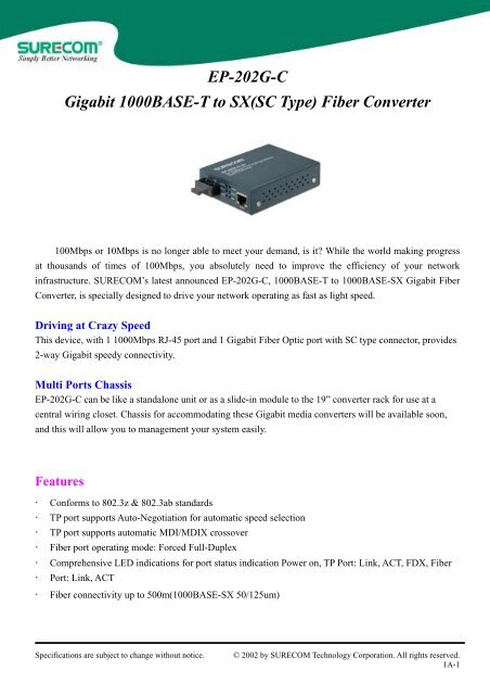 EP-202G-C Gigabit 1000BASE-T to SX(SC Type) Fiber ... - Minitran