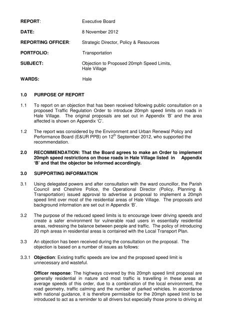 Objection to Proposed 20 mph Speed Limits, Hale Village PDF 23 KB