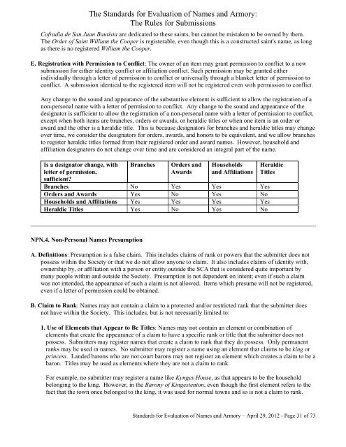 The Standards for Evaluation of Names and Armory - SCA Heraldry