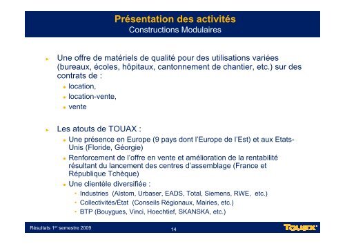 RÃ©union SFAF du 3 Septembre 2009 sur les comptes ... - Touax